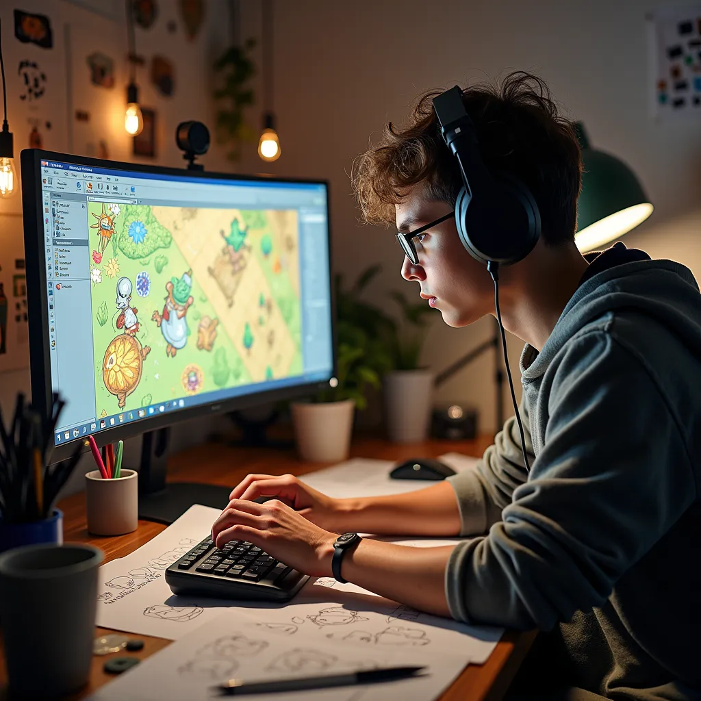 Young indie game developer working on a computer amidst game design sketches