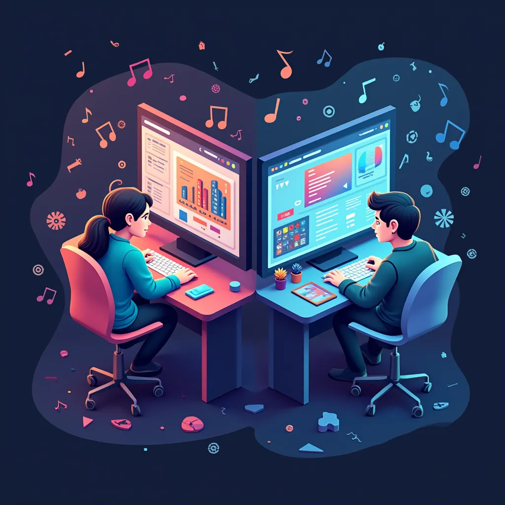Split-screen of coding, character design, and music composition in game development
